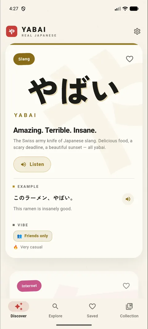 A YABAI word card showing やばい in giant type with its romaji, meaning, example sentence and vibe badge.